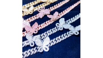 12mm Zircon Butterfly Pendant Cuban Chain Necklace Luxury Bling Bling Jewelry stainless steal  rhineston Butterfly Gold Necklace1