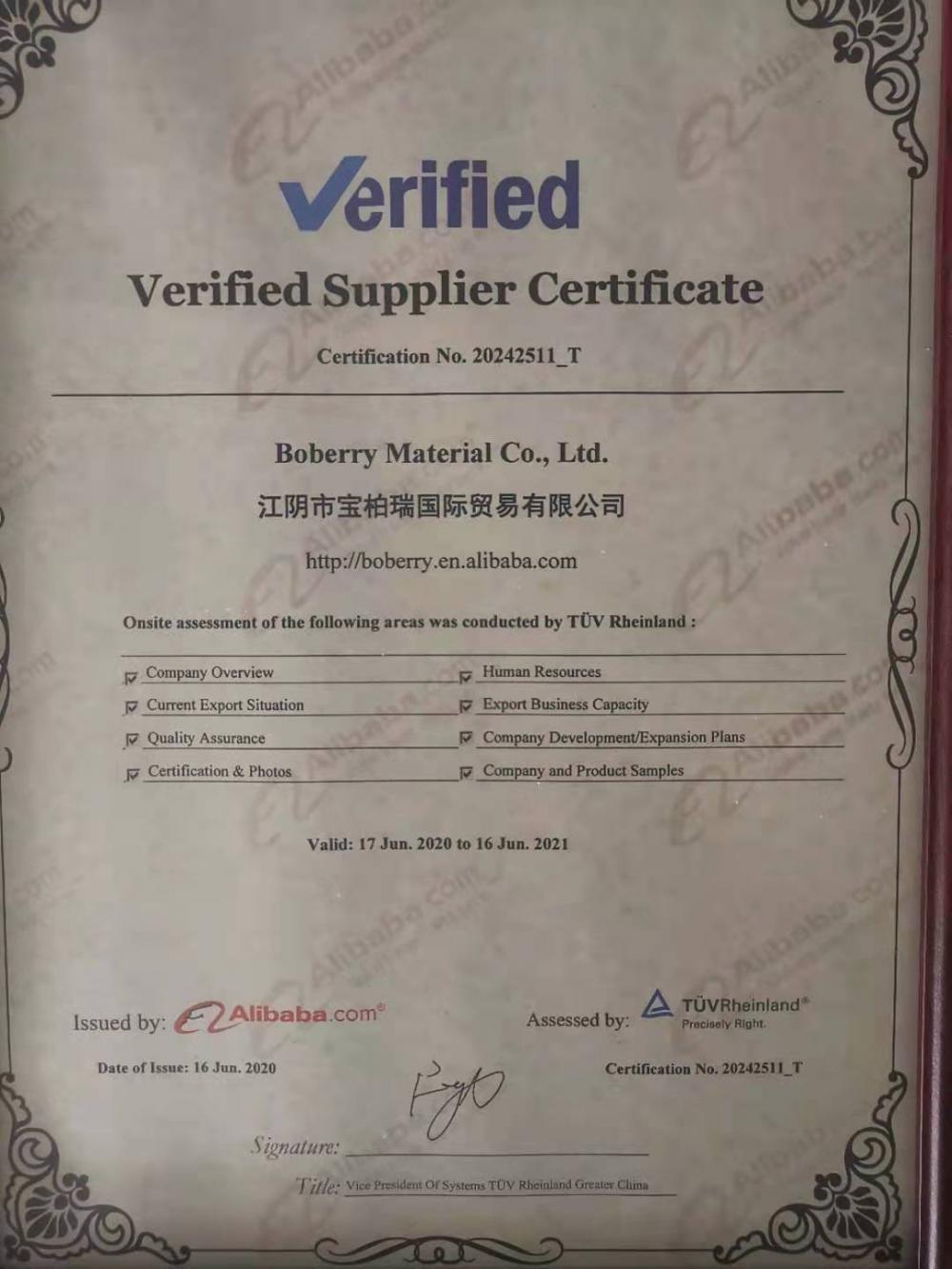 TUV verified supplier certificate