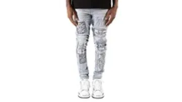 Fashion Custom Denim Trousers Pants Embroidery Patches Repaired Stretchy Ripped Skinny Fit Men's Denim Jeans1