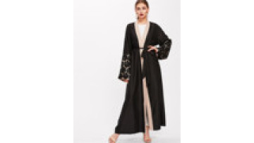 Elegant African Muslim Women's Open Abaya Dubai Maxi Cardigan Arab Robe with Floral Lace Cuffs1