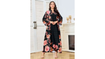 V Neck Exclusive Middle Eastern Muslim Printed Elegant Floral Ramadan Jalabiya Dubai Abaya Dress for Women Arabic Islamic Robe1