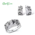 SANTUZZA Jewelry Set For Women 925 Sterling Silver Sparkling White Cubic Zirconia Black Flowers Earrings Ring Set Fine Jewelry