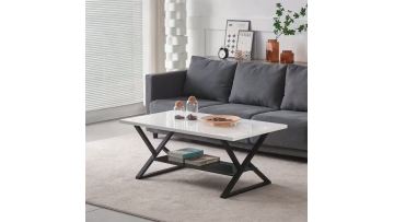 Modern White High-Gloss MDF Coffee Table with X-Base & Shelf