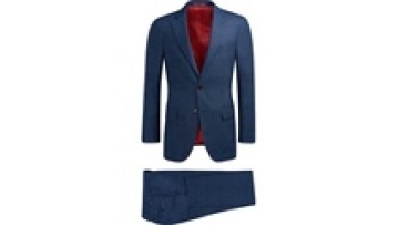 Men's Slim Blue Woolen Suit with Plaid Pattern Double-Breasted Closure Button Decoration Plus Size 2-Piece Coat Pant for Summer1