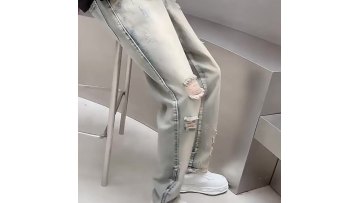 Custom Fashion Streetwear Destroyed Denim Shredded Pants Elastic Light Blue Ripped Jeans Men1