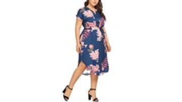 Super Plus Size Women Clothing Flower Tie Waist Dresses Polyester Bow Knot Curved Hem Dress1