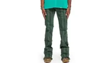Designer Custom High Quality Green Destroy Acid Wash Stretch Skinny Fit Raw Rdge Striped Stacked Jeans For Men's1