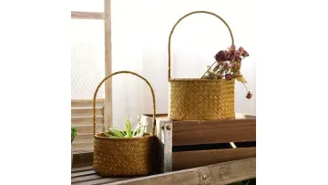 Handmade Hand-Held Flower Basket/Natural Bamboo Woven Flower Basket/Grass Woven Bamboo Woven Flower Basket/Handheld Bamboo Basket/Grass Woven Bamboo Woven Flowe1