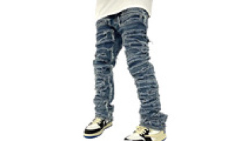 Custom Ripped Distressed Washed Blue High Street Style Straight Loose Denim Trousers Male Stacked Denim Jeans Pants For Men1