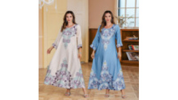 Dubai Muslim Beaded Printing Women's Ramadan Jalabiya Middle East Fashion Abaya Dress with Rhinestones Turkish Islamic Eid Robe1