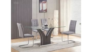 Modern Glass Dining Table Set with 4 Grey Upholstered Chairs - Sleek Contemporary Furniture for Your Home