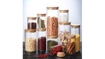 Handmade Luxury Clear Round High Borosilicate Home Storage Glass Round Spice Jar With Airtight Bamboo Lid For Food Storage1