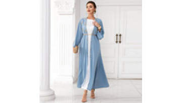 BA7016 Aarab Cardigan Turkish Dubai Robe  Light Blue Cardigan With Pearl Dress  Open Abaya  Kaftan Dress1