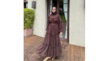 Islamic Elegant Solid Long Sleeve Wedding Eid Dress for Women Double Layer Chiffon Tiered Ruffle for Summer Muslim Abaya Dress1
