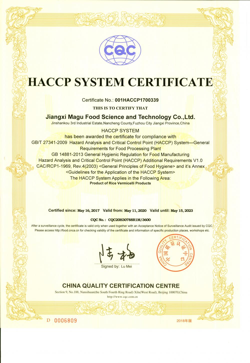 HACCP SYSTEM CERTIFICATE