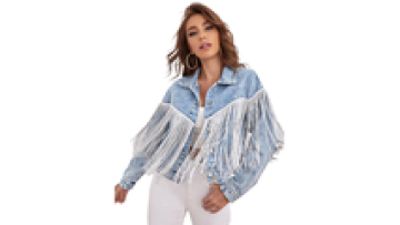 Custom Rhinestone Fringe Tassel Button Down Cropped Fringed Denim Jackets Jean Jacket for Women1