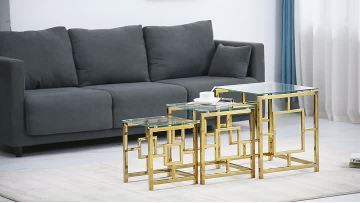 TL-AS809G Gold Geometry Nesting Tables | Space-Saving Glass Trio