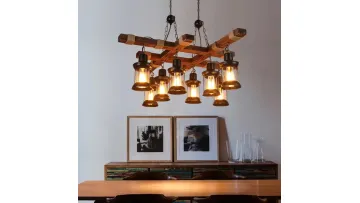 Vintage Industrial Wood and Metal Chandelier with Hemp Rope1