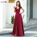 Burgundy Prom Dresses Ever Pretty EP00651BD A-Line Ruched Double V-Neck Cap Sleeve Elegant Satin Party Gowns Vestido Longo 2020