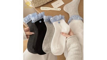 Korean style plaid lace button short tube socks trendy socks