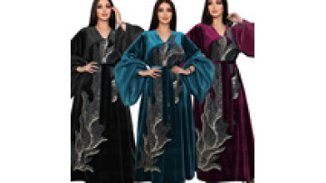 Velvet Autumn Winter Casual Sequins Puff Sleeve V-Neck Dubai Dress With Sashes Moroccan African Women Kaftan Ramadan1