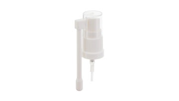 18/415 White Oral Sprayer Pump with Ribbed Skirt and Long Nozzle for Pharmaceutical Packaging