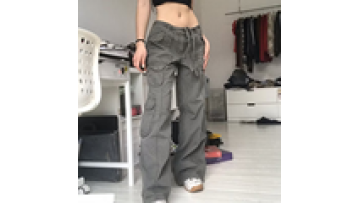 Street trendy women's wear, casual jeans, Y2K clothes, loose drawstring belt, high waist pocket, gray wide leg denim trousers1