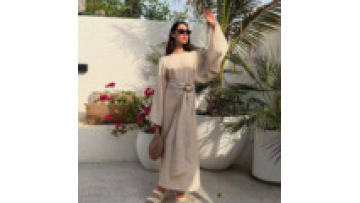 2026 Simple Closed Abaya Wholesaler Wrinkle Polyester Dubai Loose Dress Muslim Abaya With Long Belt Autumn Spring Casual Wear1