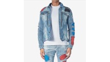Custom Painted Fashion Stand Neck Buttons Front Ripped Distress Blue Denim Men Jacket1