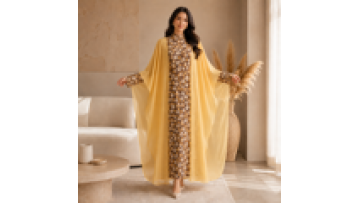 2026 Muslim Abaya Dress Luxury Floral Print Bat Sleeve Yellow Chiffon Fabric Long Robe Islamic Kaftan Elegant Evening Dress1