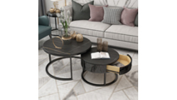 Large Marble And Chrome gold stainless steel luxury furniture solid wood drawer Two Pieces Round Coffee Table Set1