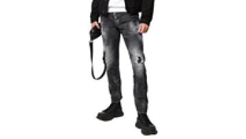 New Fashion Stretch Skinny Leg Black Denim Jeans with Buckle Pants for Men1