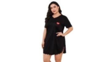 Lace Hem Side Slit Plus Size Nightgown V Neck Mini Sleep Dress1