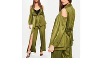 Women Clothing Shoulder Tie Waist Satin Blazer Green Tops And Pants Ladies Dresses Office1