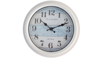 European Classic: White Framed Wall Clock with Wood Look Dial & Arabic Numerals