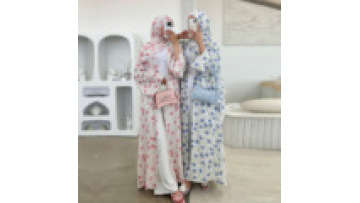 New Design Printed Flower Double Lined Chiffon Open Abaya With Hijab Wholesale Islamic Clothing Ramadan Eid Turkey Abaya1