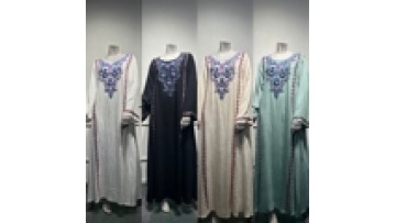 2025 New Eid Pure Color Breathable Embroidery Muslim Women's Dress Long Robe Abaya Jalabiya1