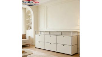 18-0319 Modern Modular Sideboard Cabinet with Stainless Steel Frame Secure Storage – Modern Industrial Console for Dining & Living Room