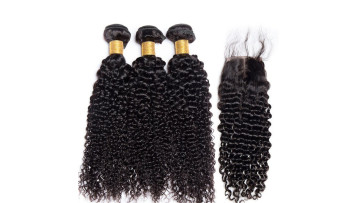 Brazilian Remy Hair extension 3 Bundles With 4*4 Lace Frontal kinky Curly human Hair weft Natural  Color 1B Hair Bundles1