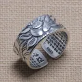 Real 925 Sterling Silver Lotus Rings For Men And Women HEART SUTRA Scriptures Engraved Buddhism Jewelry Size 5-13