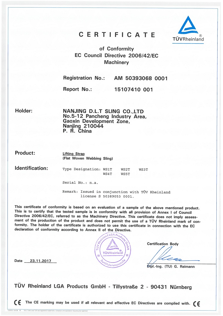 TUVRheinland   CE certificate for  flat woven webbing sling