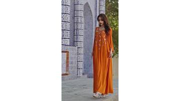 Hand Beaded Orange Linen Abaya Dress (1)