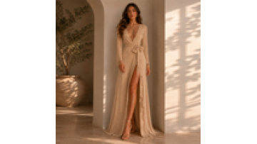 Exclusive Customization Mesh Women's Sexy Solid Color Gown High Slit Long Sleeved V-neck Floor Length Evening Party Dress1