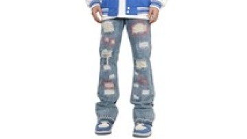 New Fashion Custom Men Distressed Jeans Washed Ripped Flare Stacked Leg Jeans Trousers1