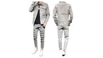 Vintage Two Piece Acid Wash High Waist Jean Denim Jacket Men Pants Set Cotton Suits1