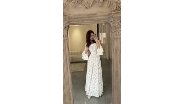 New Square Neck Floral Print Long-sleeved Flared Sleeve Prom Dress 