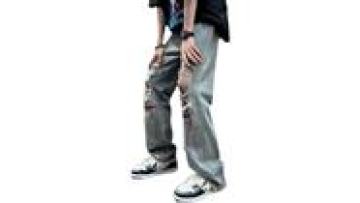 Mens Vintage Blue Flare Pants for Men Distressed Baggy Jeans Patch Hole Jeans1