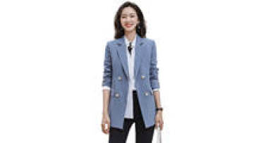 High Quality Notched Lapel Blue Business Woman Suit Double Breasted 2 Buttons Mid Long Office Medium Length Womens Suits1