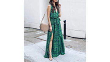 Boho Stylish Dark Olive Green Print Slip Side Dress For Bridesmaid Women Ladies1