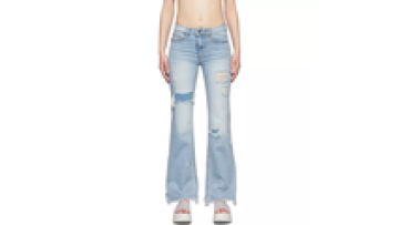 Ladies Custom Printed Flare Jean Trouser Blue Distressed Denim Jeans for Women1